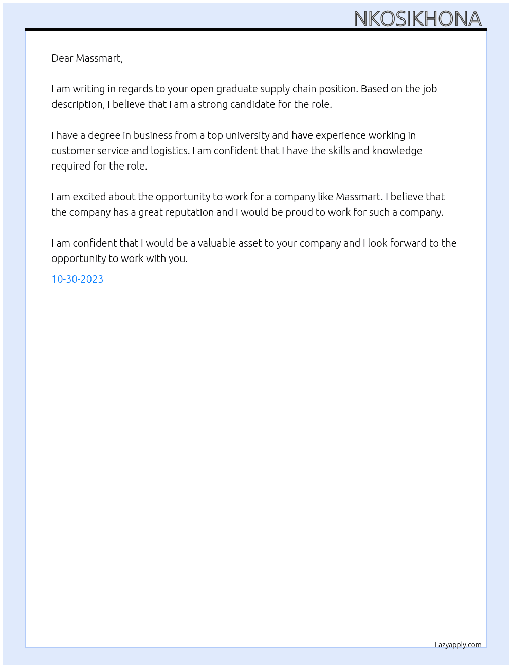 Graduate Supply Chain  At Massmart Cover Letter