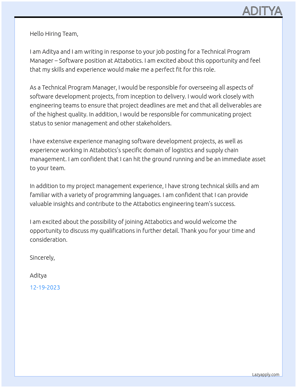 Technical Program Manager – Software At Attabotics Cover Letter