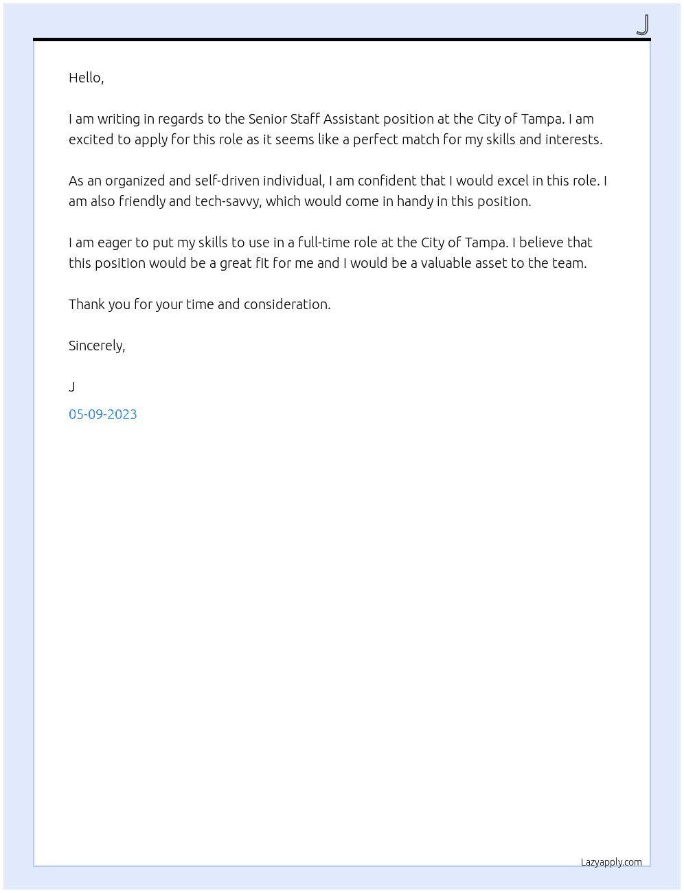 Senior Staff Assistant At City of tampa Cover Letter