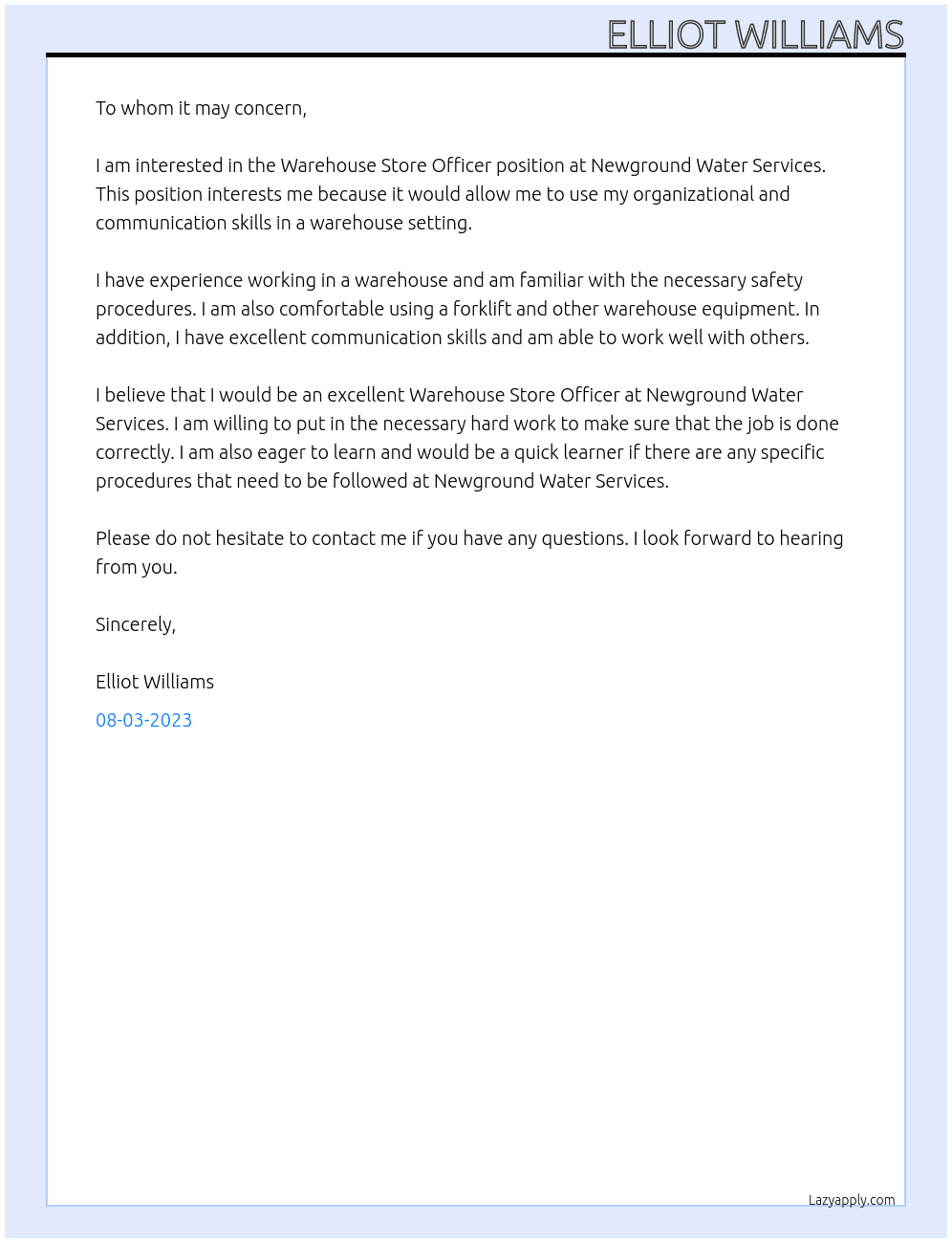 Warehouse Store Officer At Newground Water Services Cover Letter