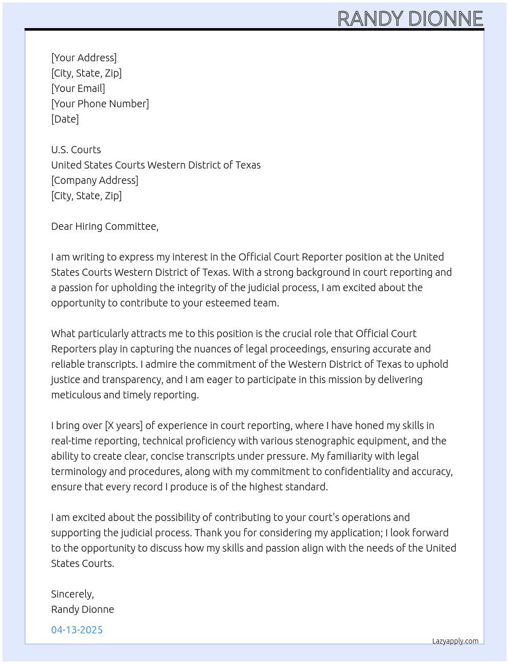 Cover letter for official court reporter - LazyApply