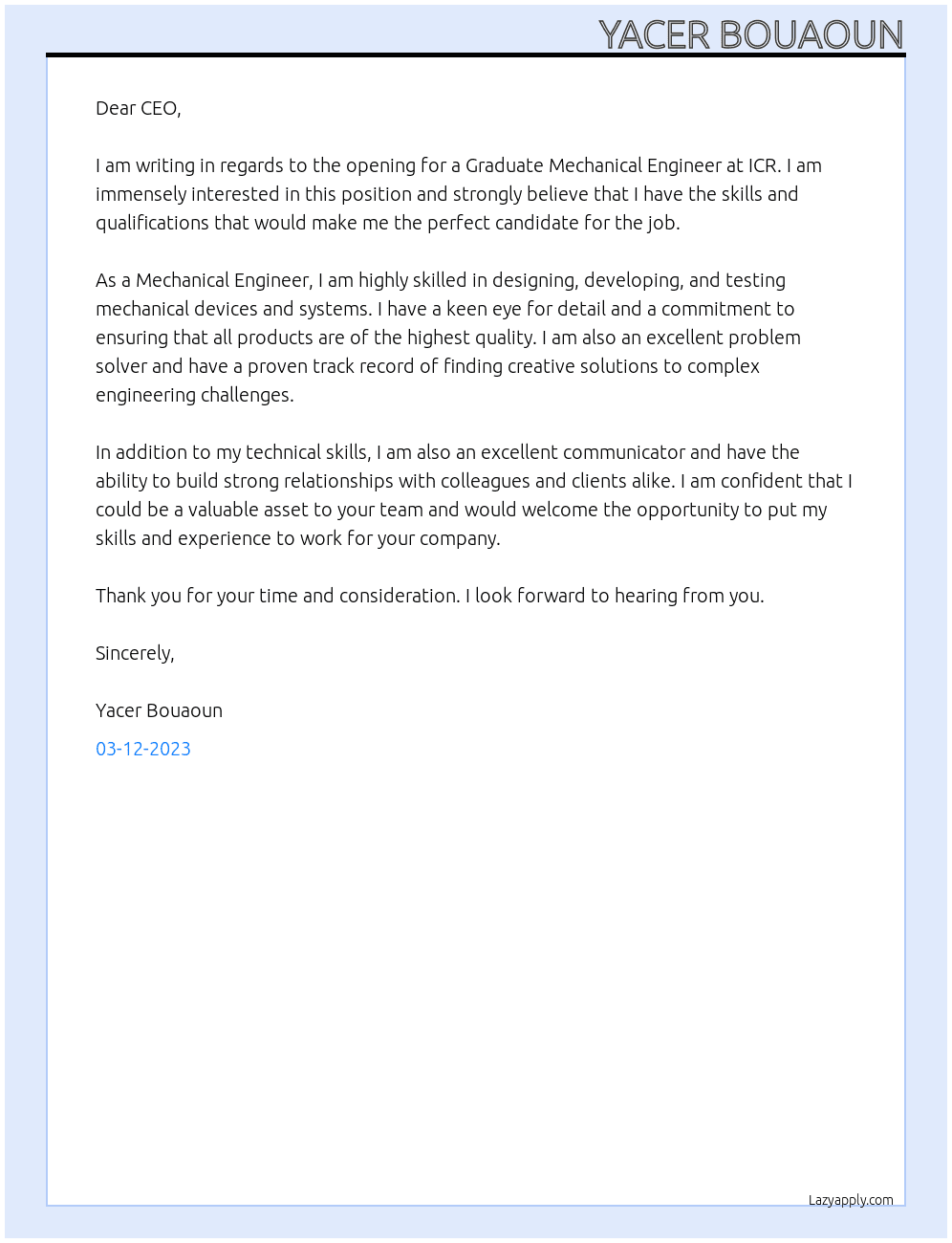 Graduate Mechanical Engineer At ICR Cover Letter