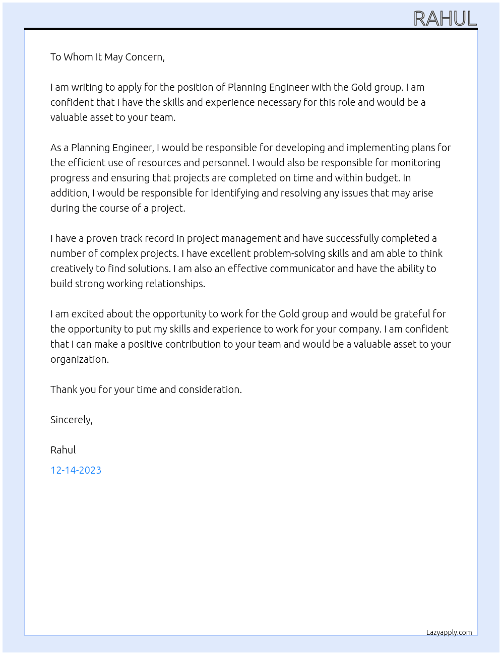 Planning Engineer At Gold group Cover Letter