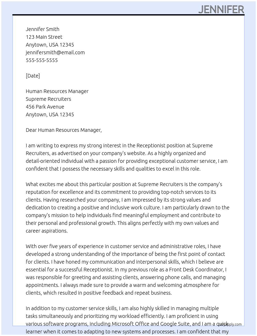 Receptionist  At Supreme Recruiters Cover Letter