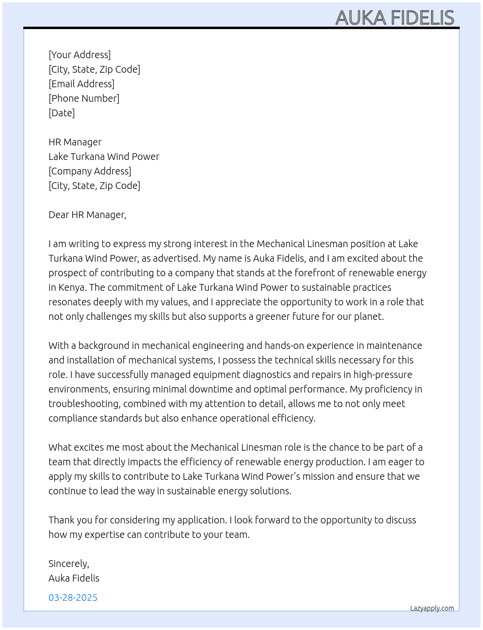 Mechanical Linesman  At Lake Turkana Wind Power Cover Letter