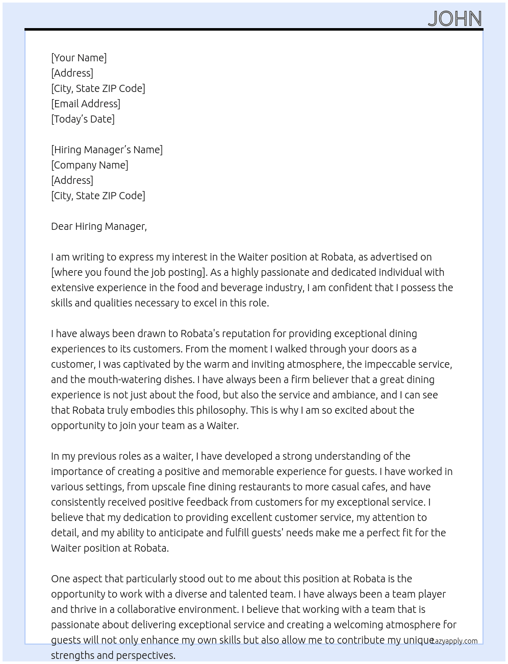 Waiter At Robata Cover Letter