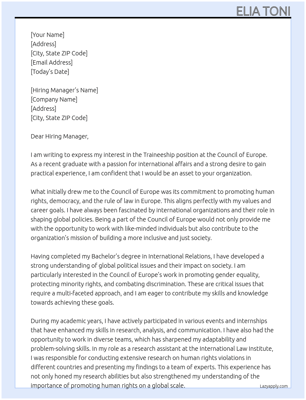 Traineeship At Council of Europe Cover Letter