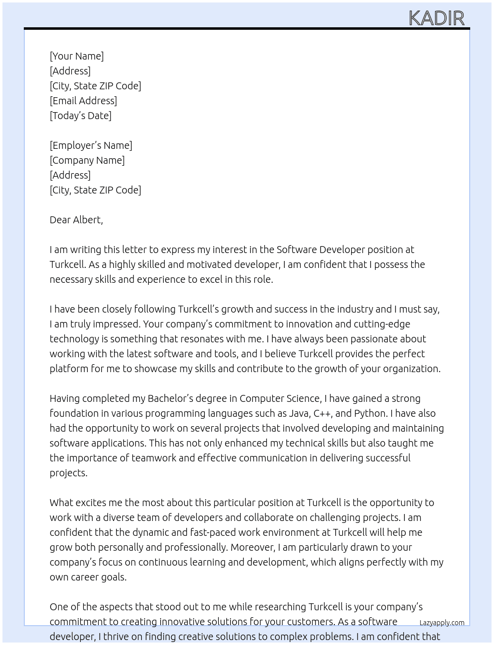 Software Develeport  At Turkcell Cover Letter