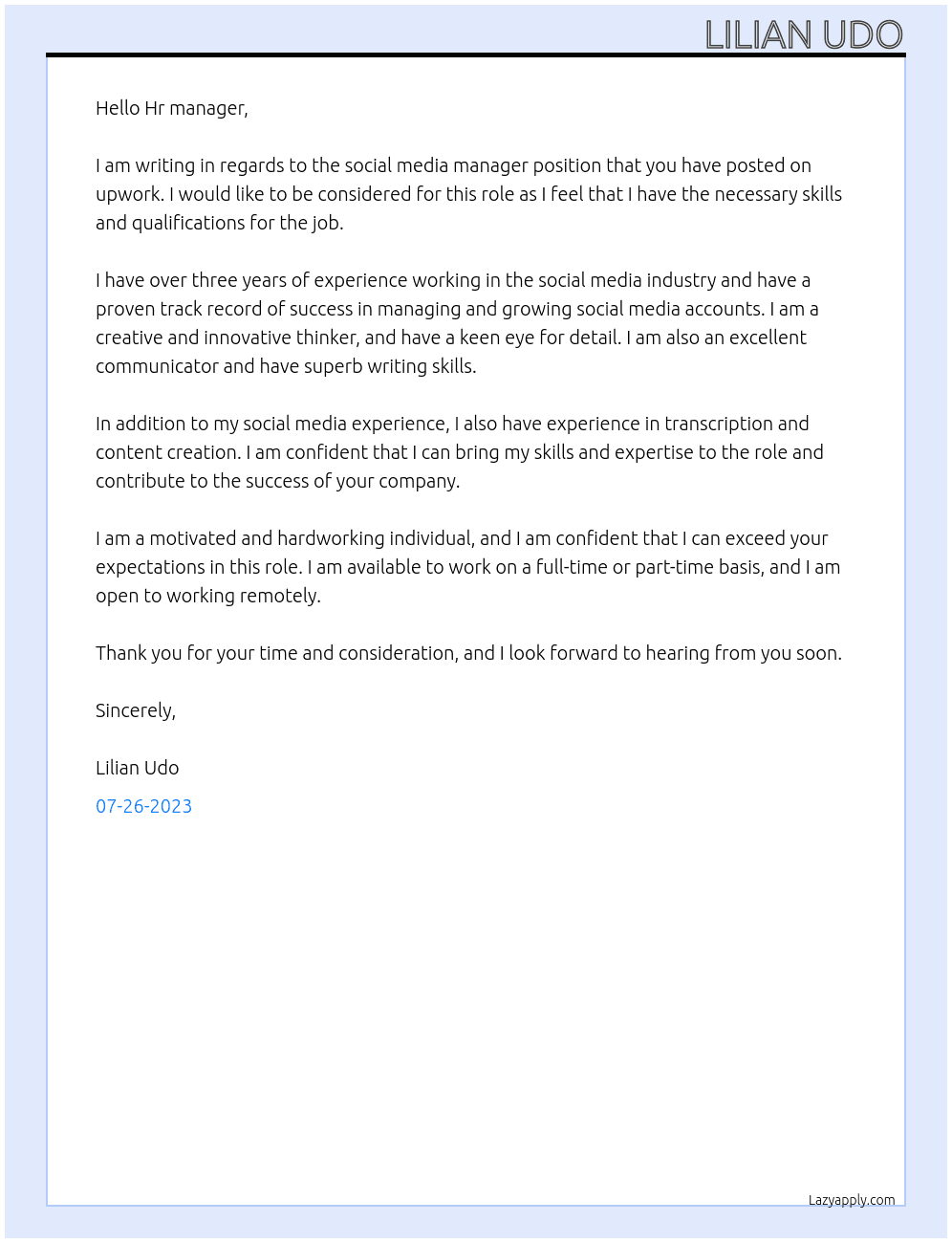 Social media manager At On upwork Cover Letter