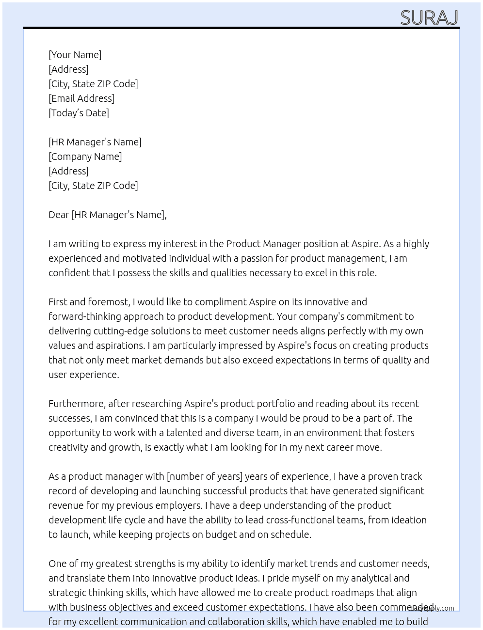 Product manager  At Aspire Cover Letter