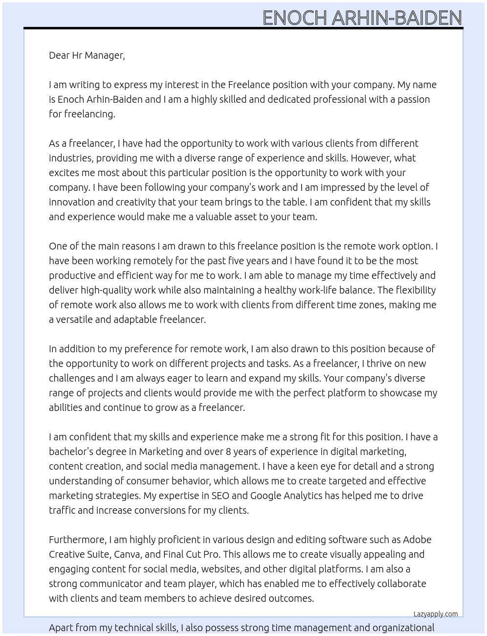 Freelance  At None Cover Letter