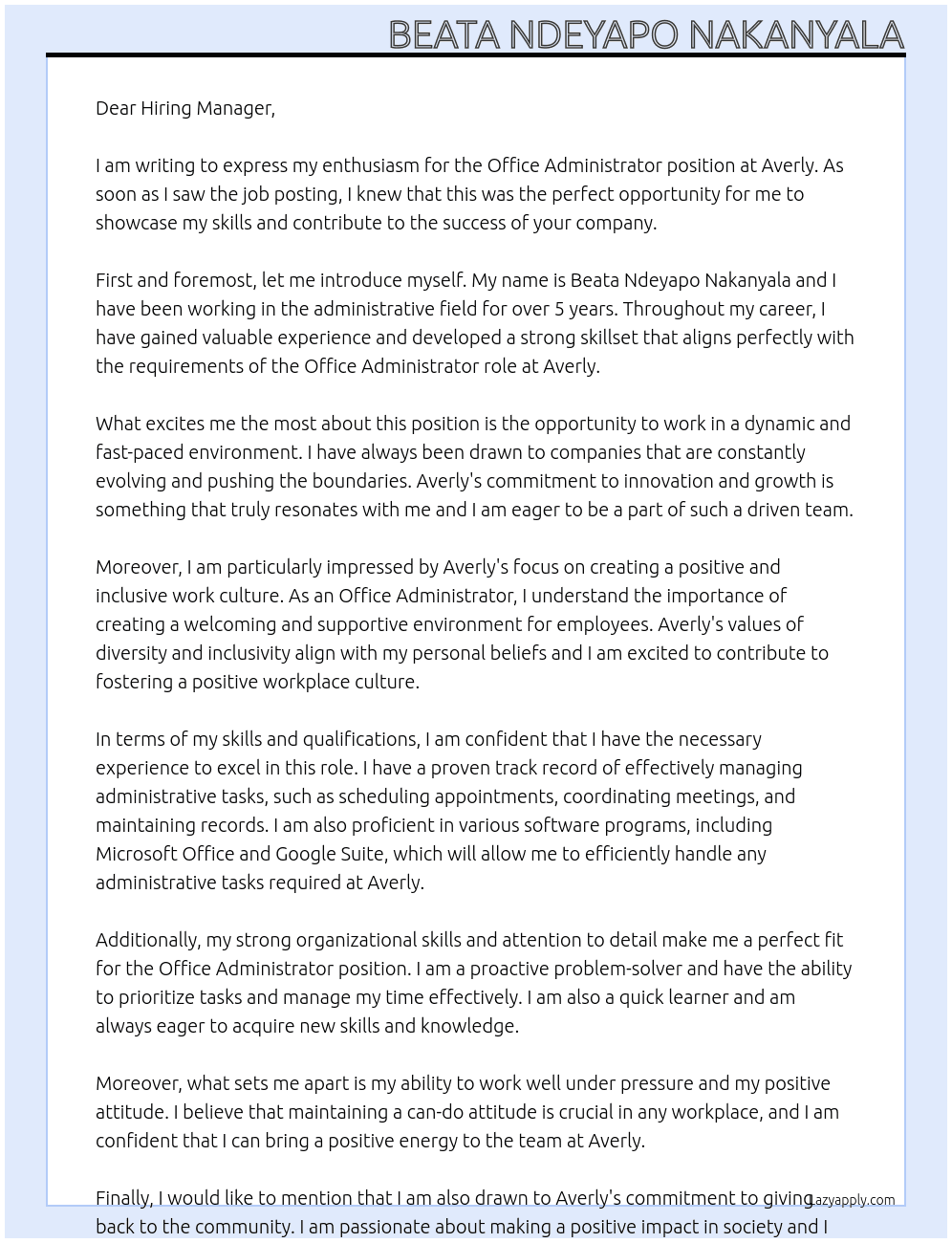 Office Administrator  At Averly Cover Letter