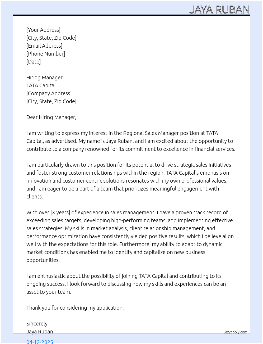 Regional sales manager At TATA Capital Cover Letter