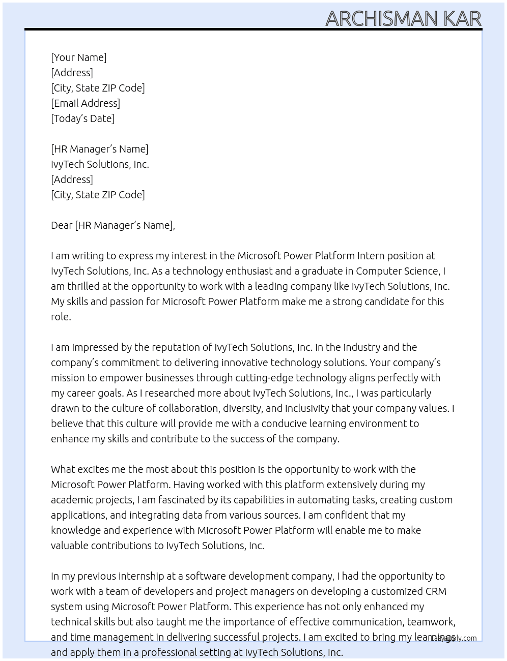Microsoft Power Platform Intern At IvyTech Solutions, Inc Cover Letter
