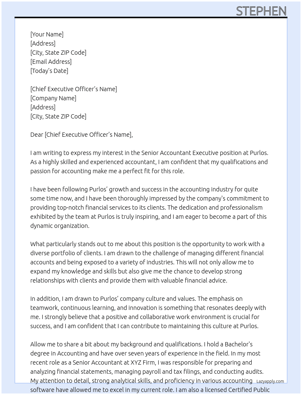 Senior Accountant Executive At Purlos Cover Letter