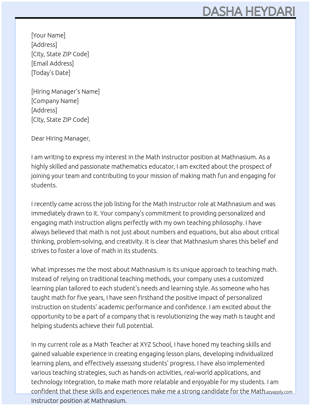 Math Instructor At Mathnasium Cover Letter