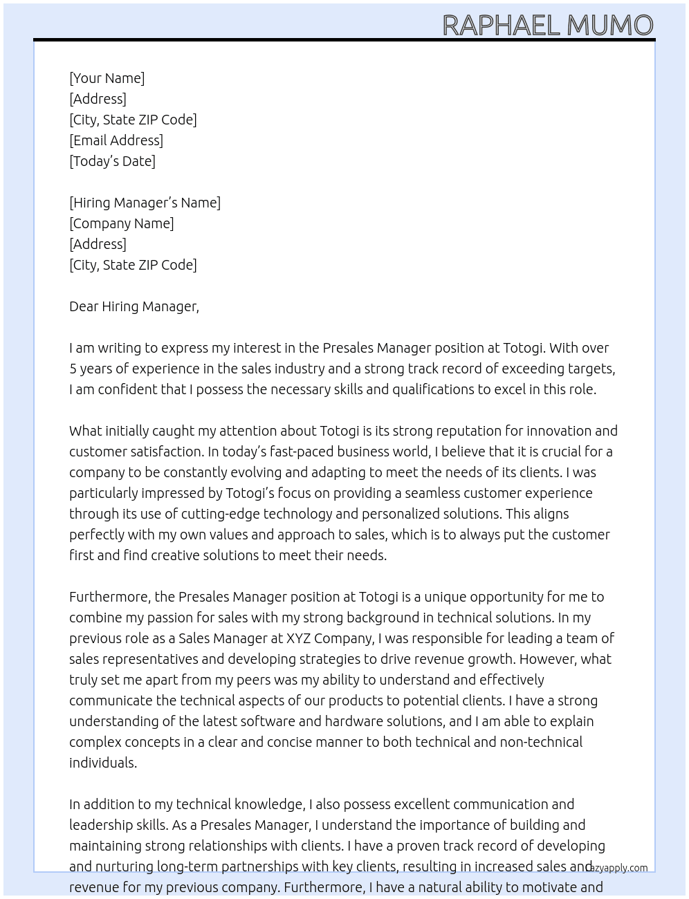 Presales Manager At Totogi Cover Letter