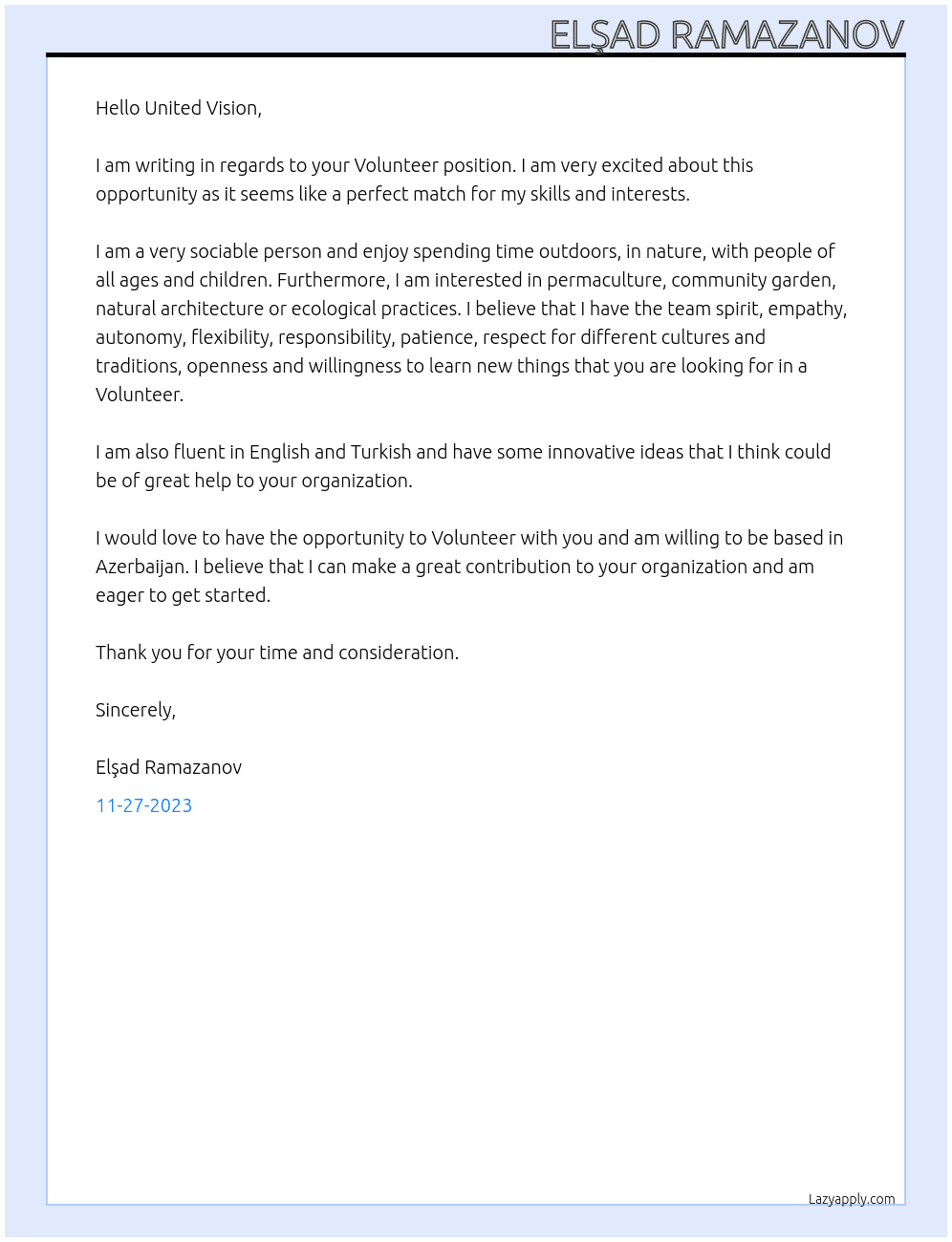 Vollunteering At United Vision, zs Cover Letter