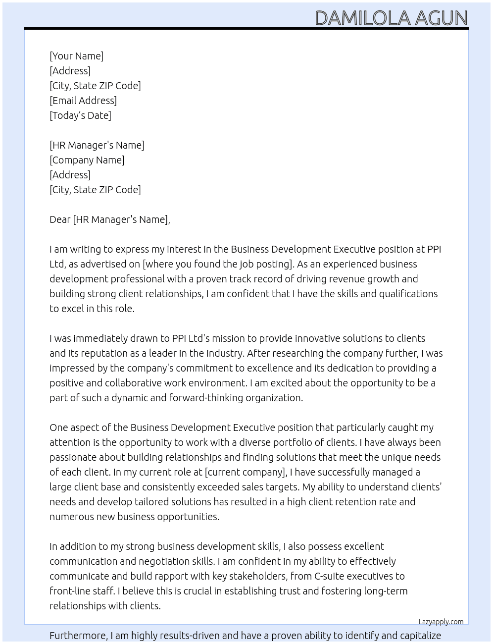 Business development executive At PPI Ltd Cover Letter