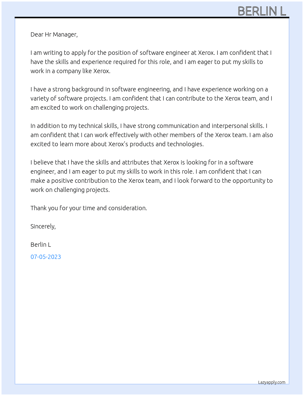 Software engineer  At Xerox  Cover Letter