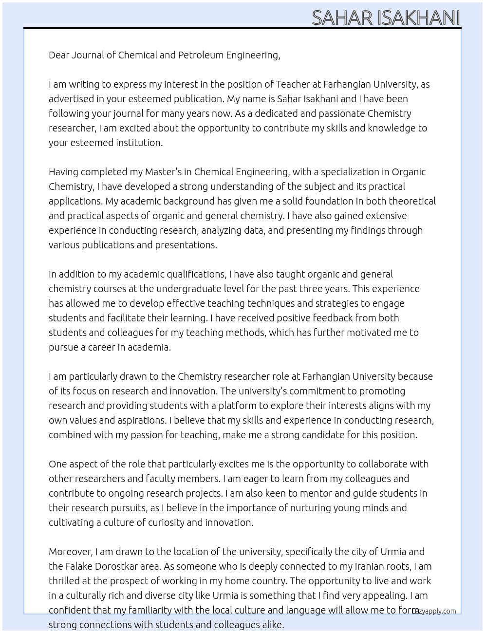 Teacher At Farhangian University Cover Letter