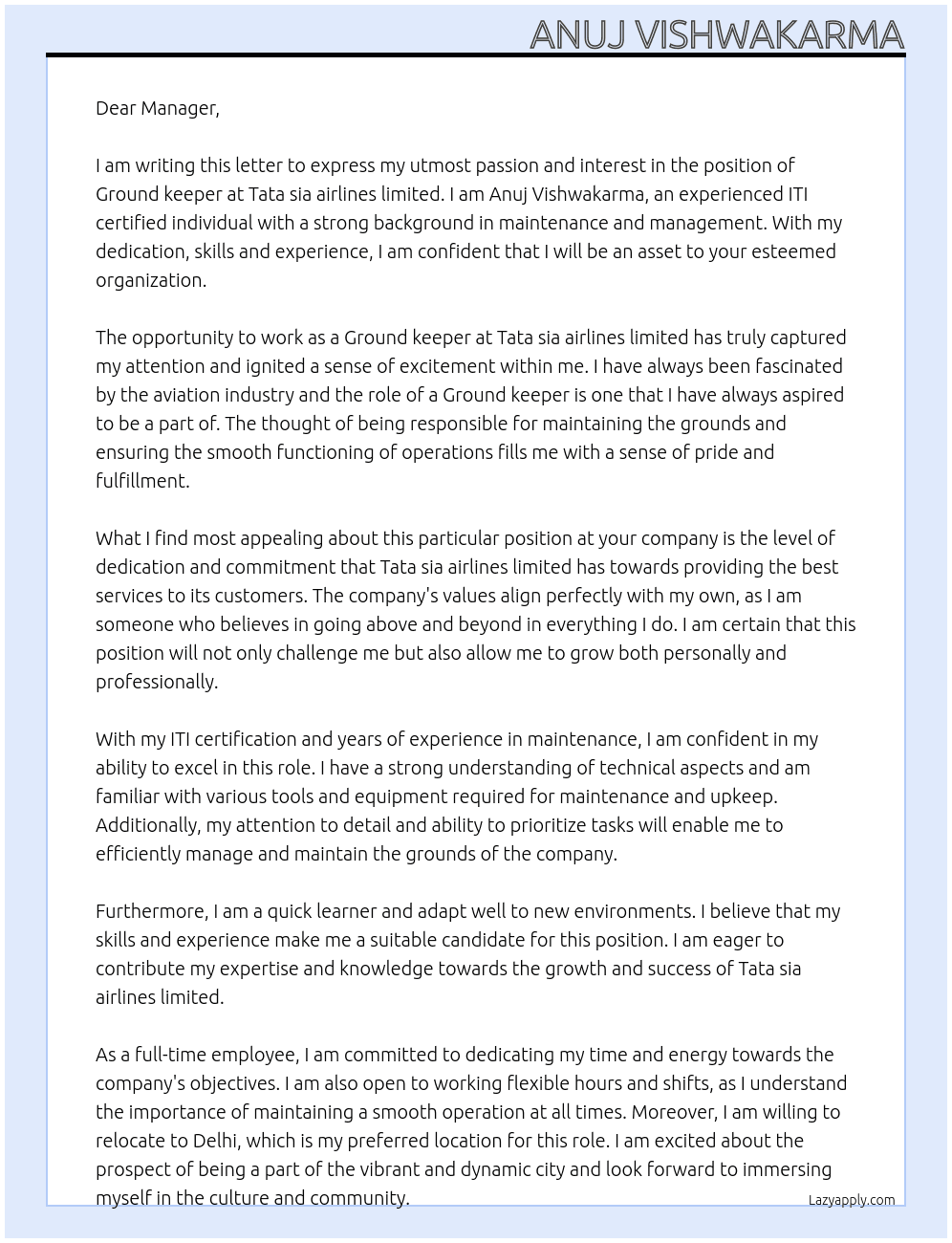 Ground keeper At Tata sia airlines limited Cover Letter