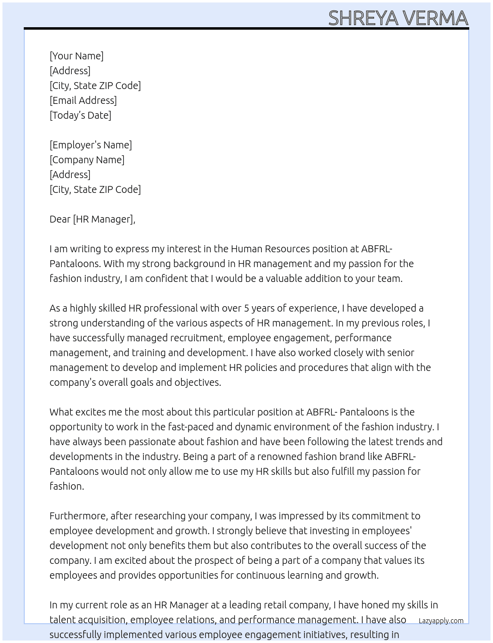 Human resources At ABFRL- Pantaloons Cover Letter