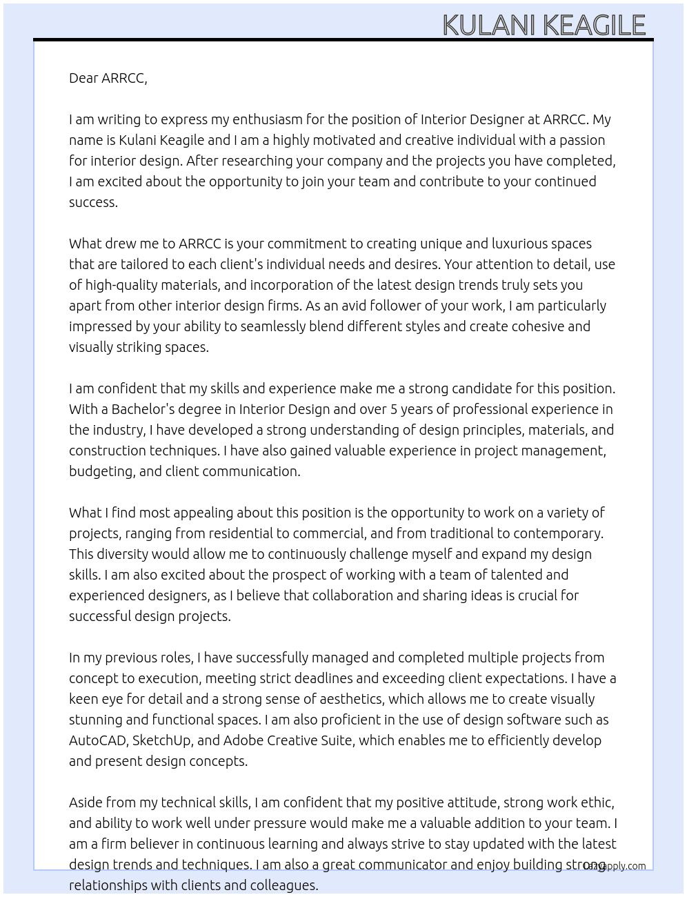 Interior Designer  At ARRCC Cover Letter