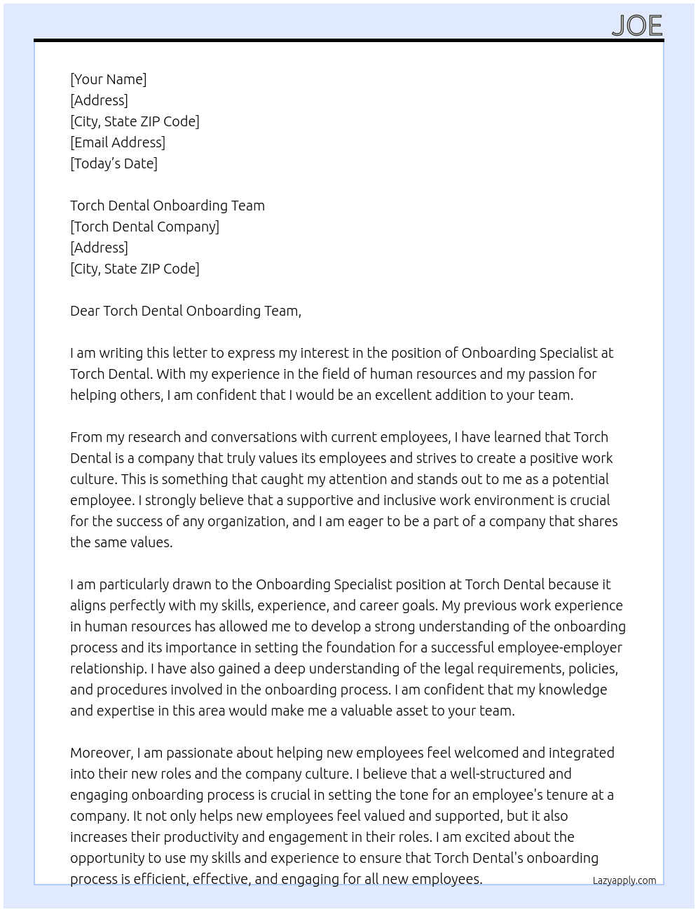 Onboarding Specialist At Torch Dental Cover Letter