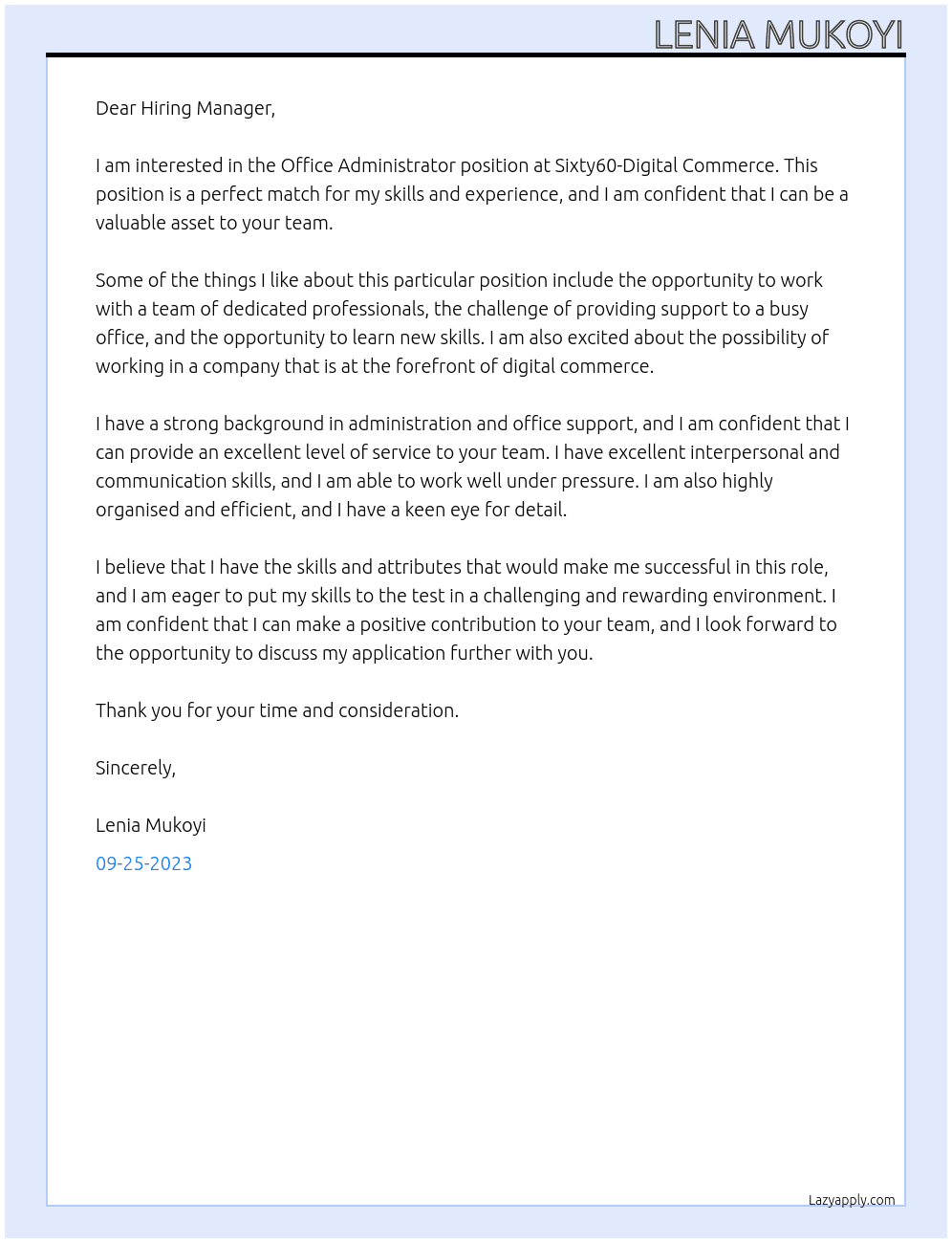 Office Administrator: Sixty60-Digital Commerce At The Shoprite Group of Companies Cover Letter