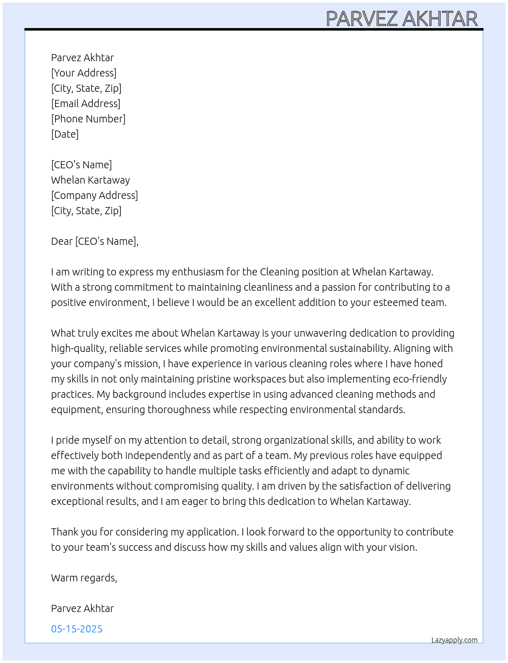 Cleaning  At Whelan kartaway  Cover Letter