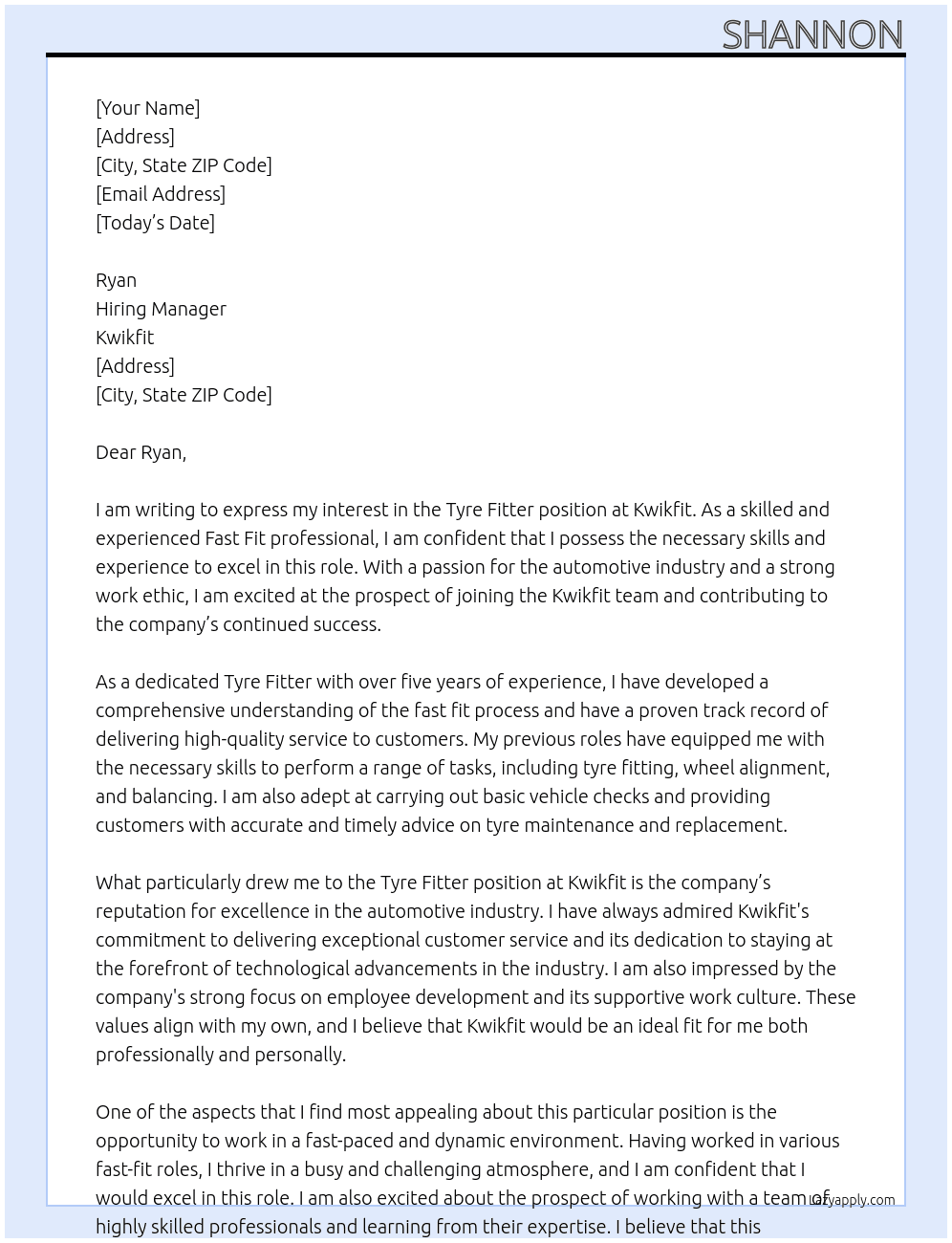 Tyre fitter At Kwikfit Cover Letter