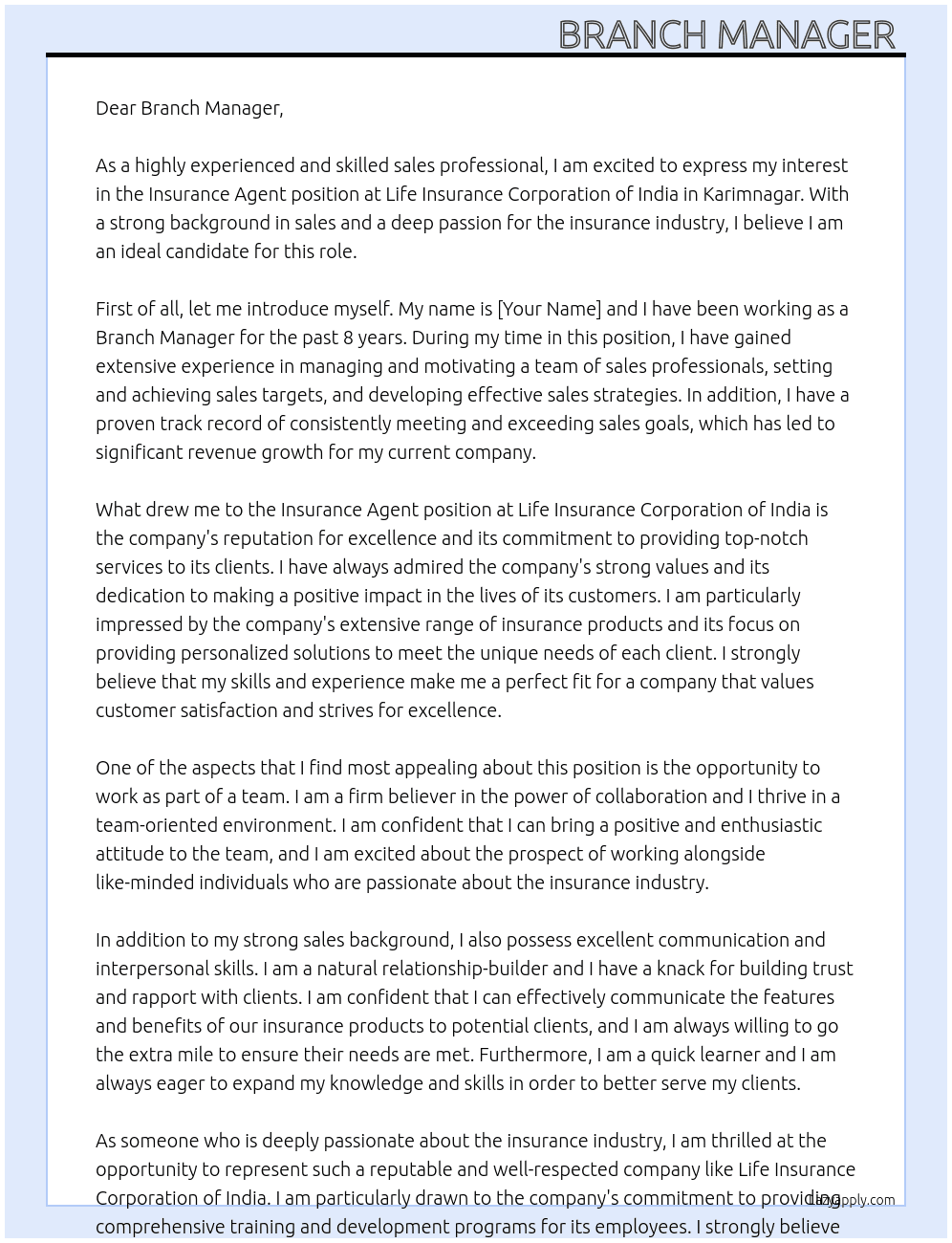 insurance agent  At Life insurance corporation of india  Cover Letter
