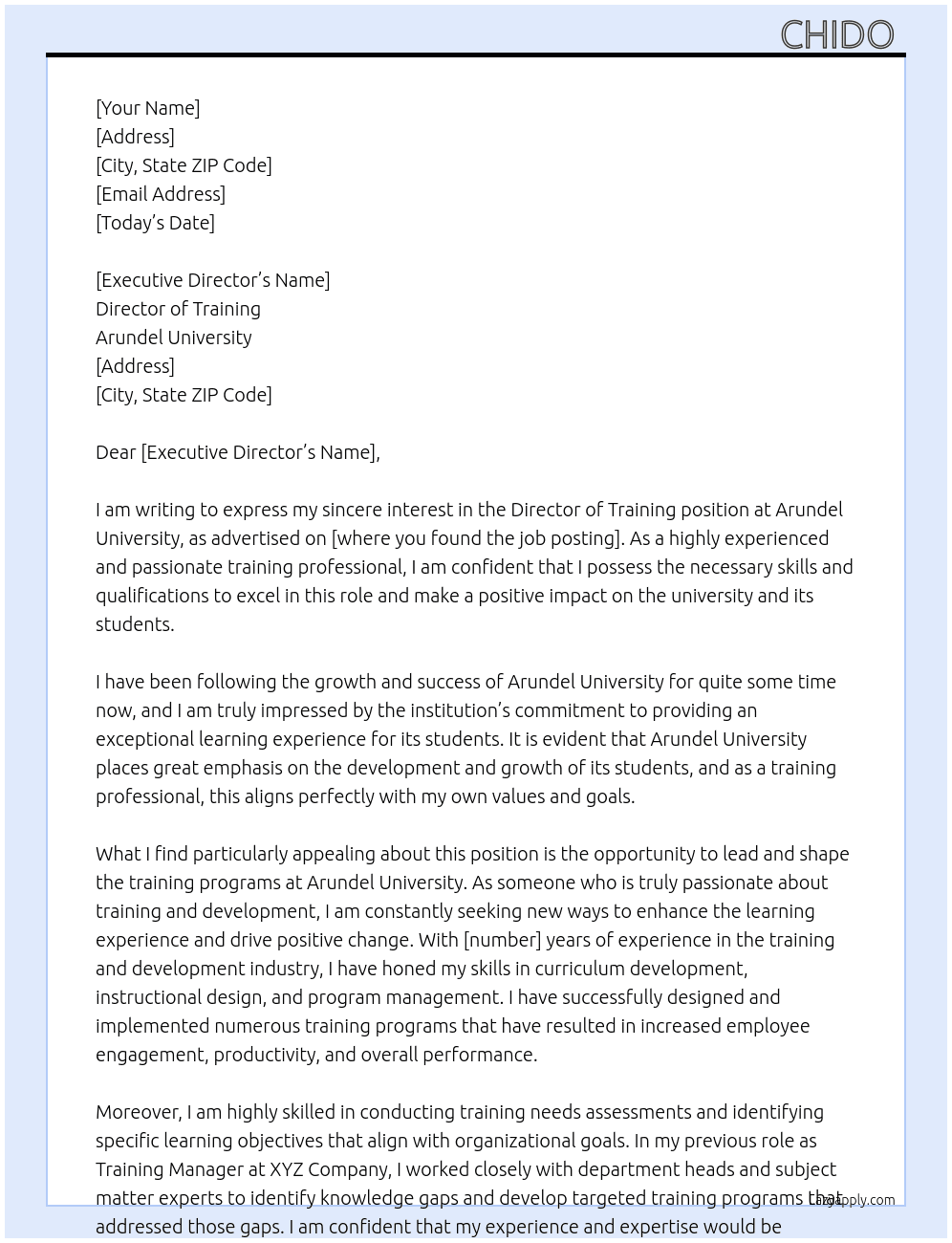 Director of training  At Arundel University Cover Letter