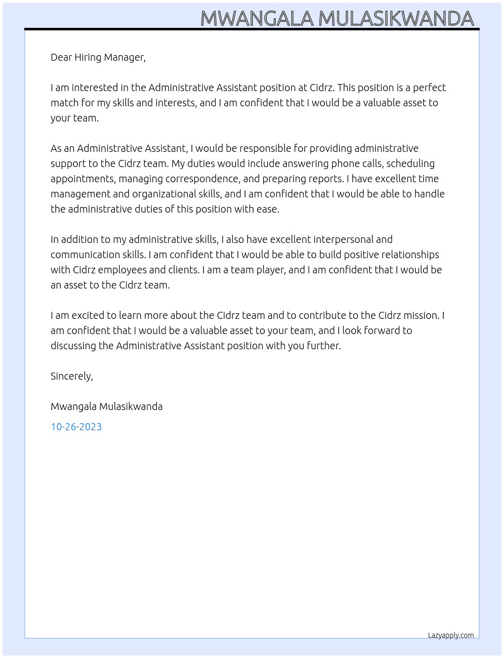 Administrative Assistant  At Cidrz  Cover Letter