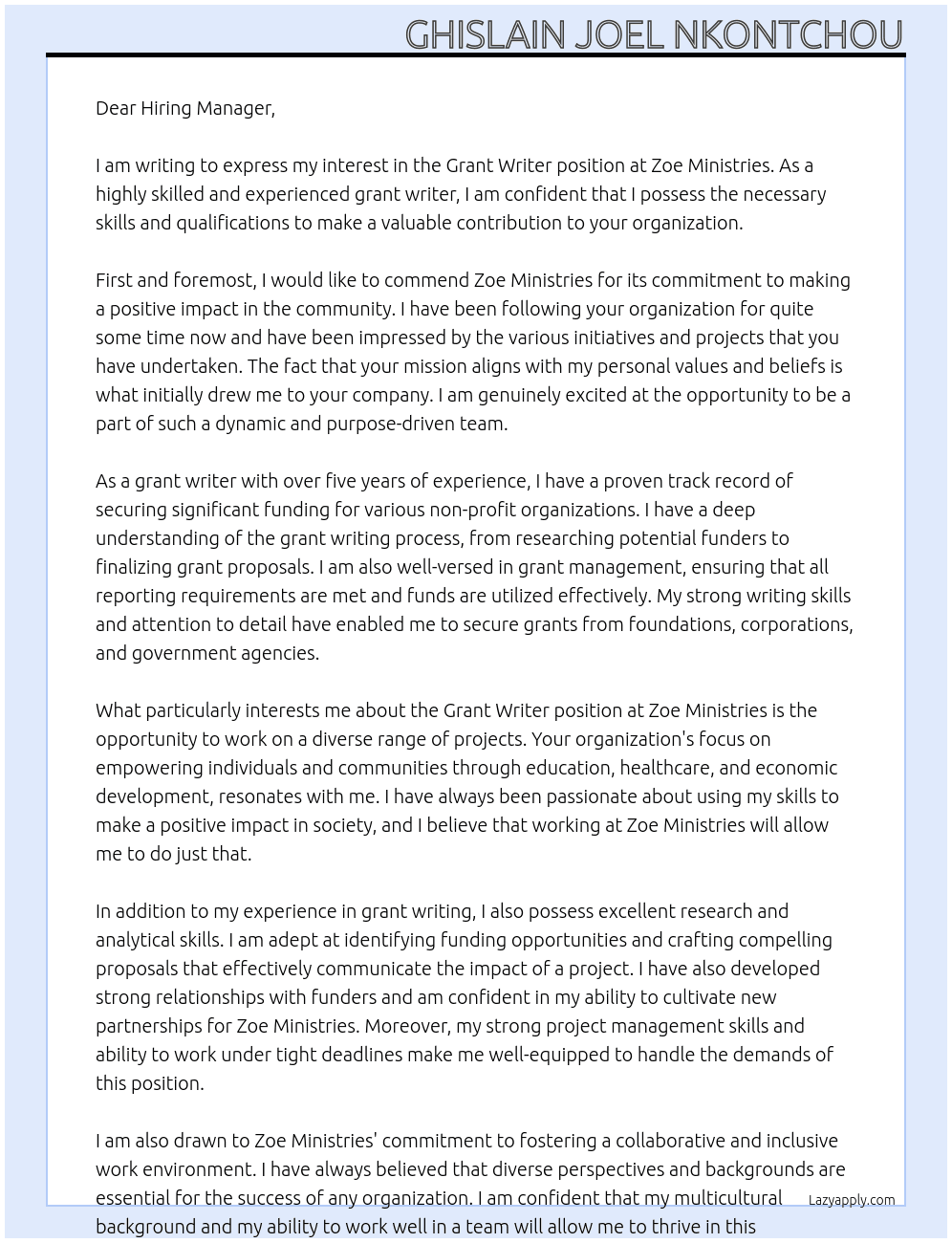 Grant Writer At Zoe Ministries Cover Letter