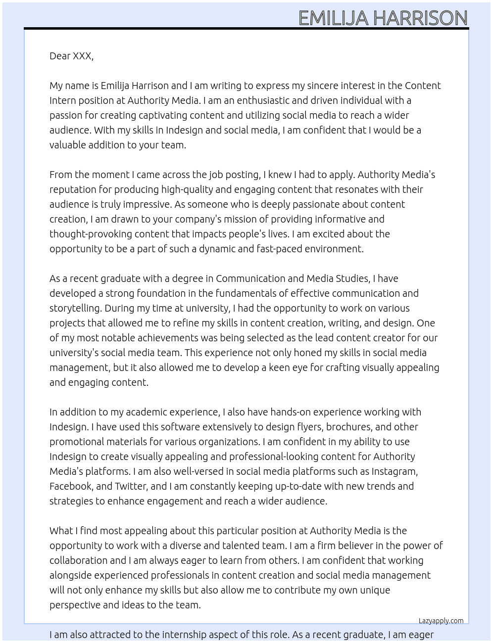 Content Intern At Authority Media Cover Letter