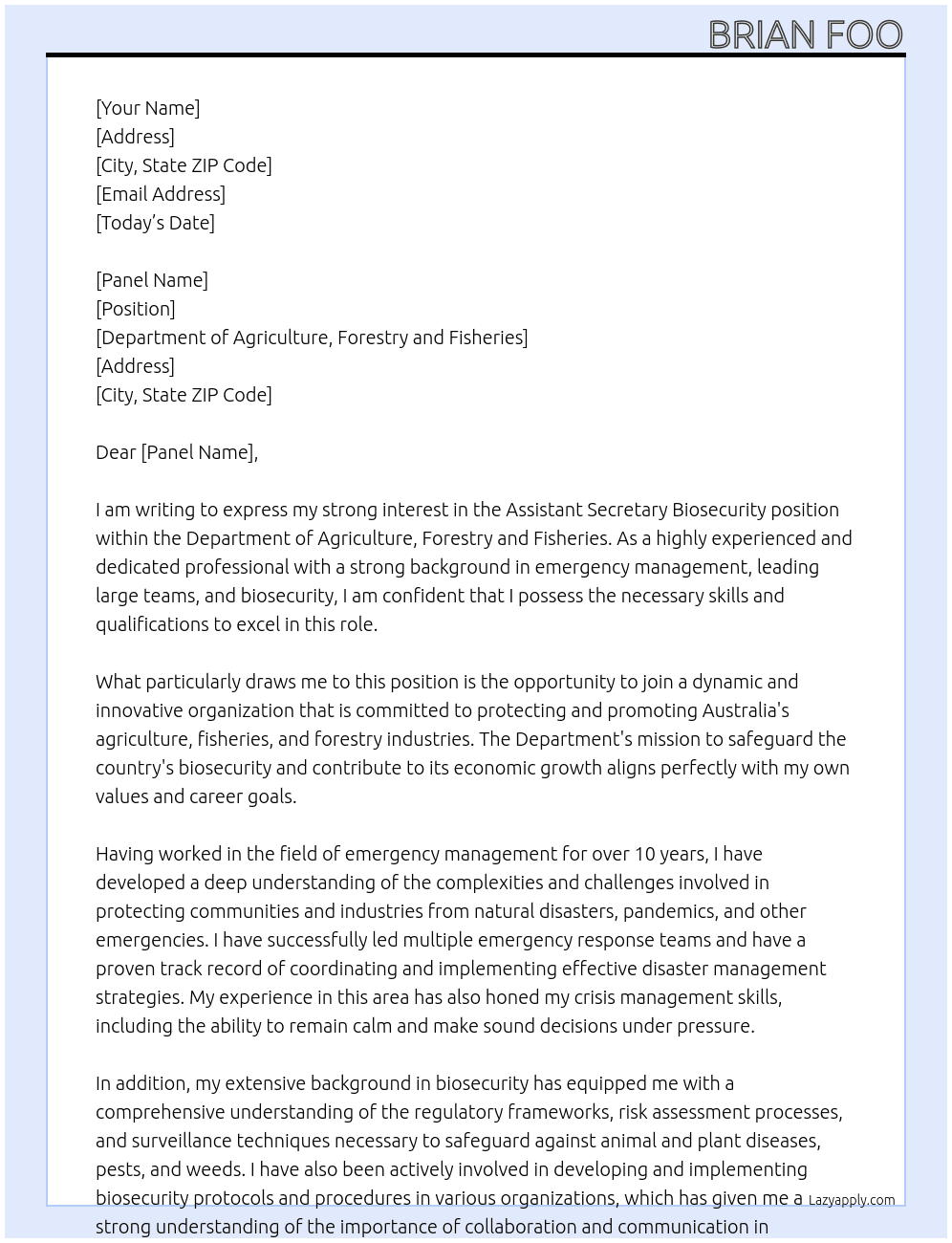 Assistant Secretary Biosecurity  At Department of Agriculture, Forestry and Fisheries  Cover Letter