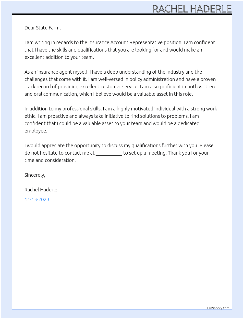 Insurance Account Representative At State Farm Cover Letter