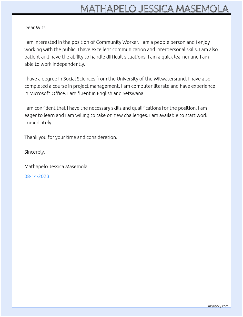 Community Worker At Wits  Cover Letter