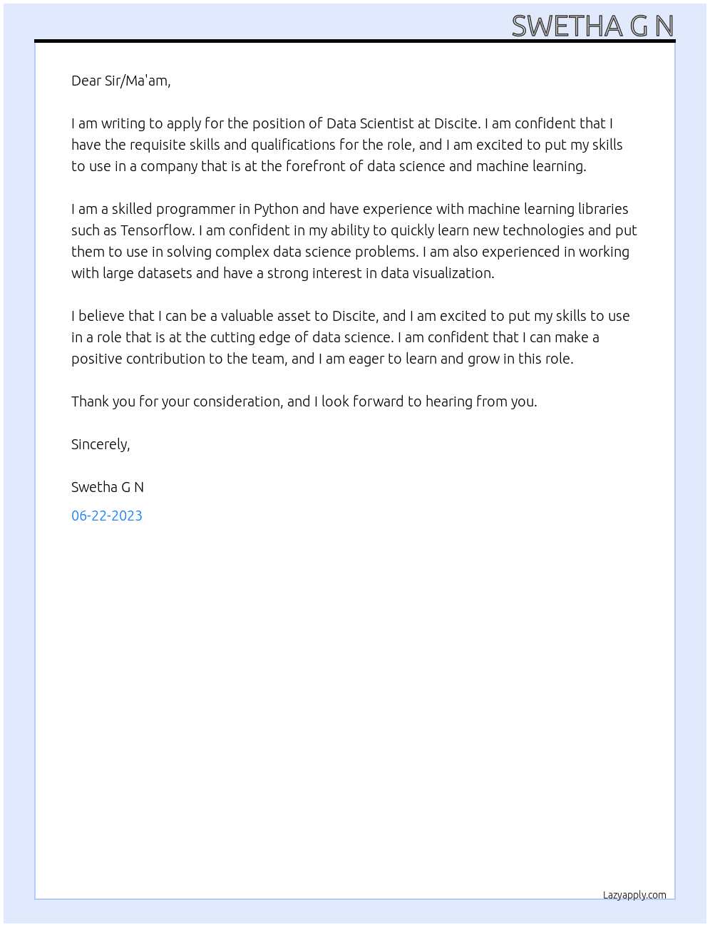 Data Scientist  At Discite Cover Letter