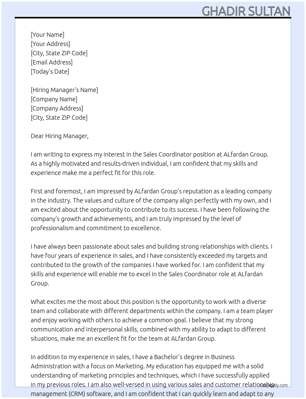 Sales coordinator At ALfardan Group Cover Letter