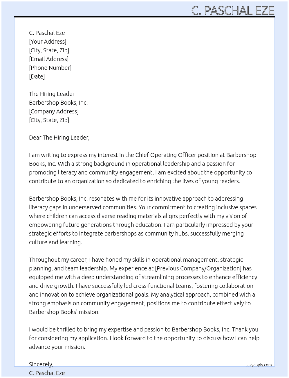 chief operating officer At Barbershop Books, Inc. Cover Letter