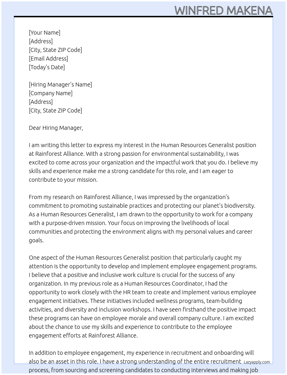 Human Resources Generalist At Rainforest Alliance Cover Letter