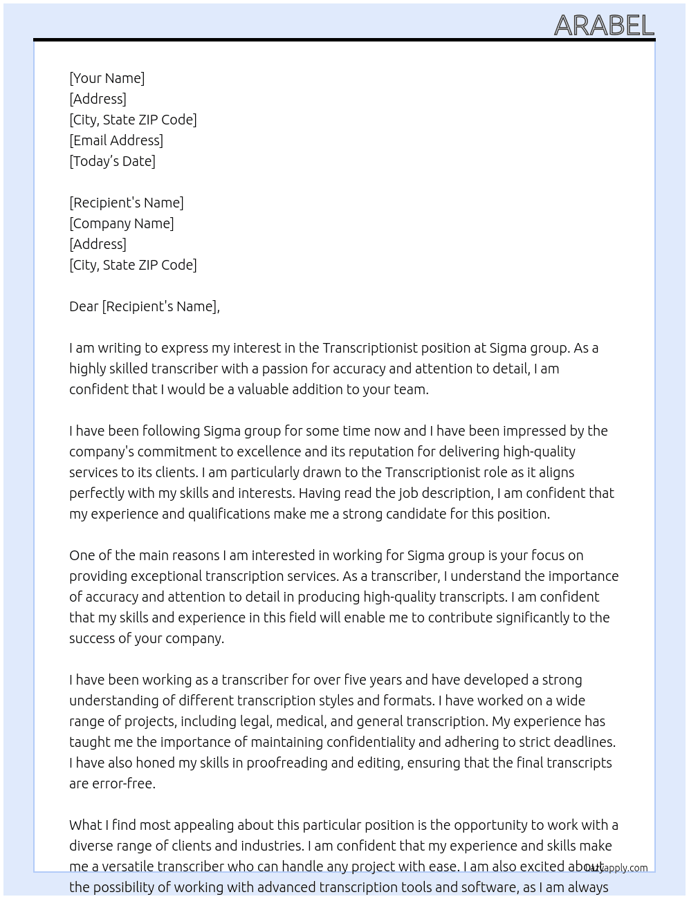 Transcriptionist  At Sigma  Cover Letter