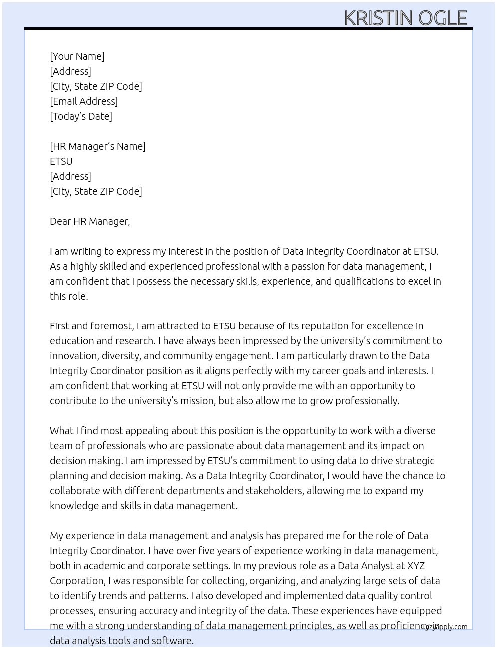 Data Integrity Coordinator  At ETSU  Cover Letter