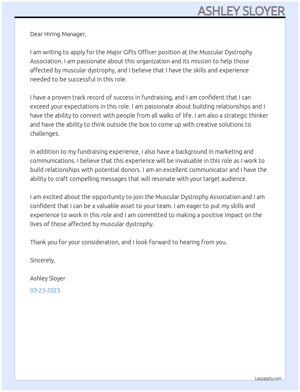 Major Gifts Officer At Muscular Dystrophy Association Cover Letter
