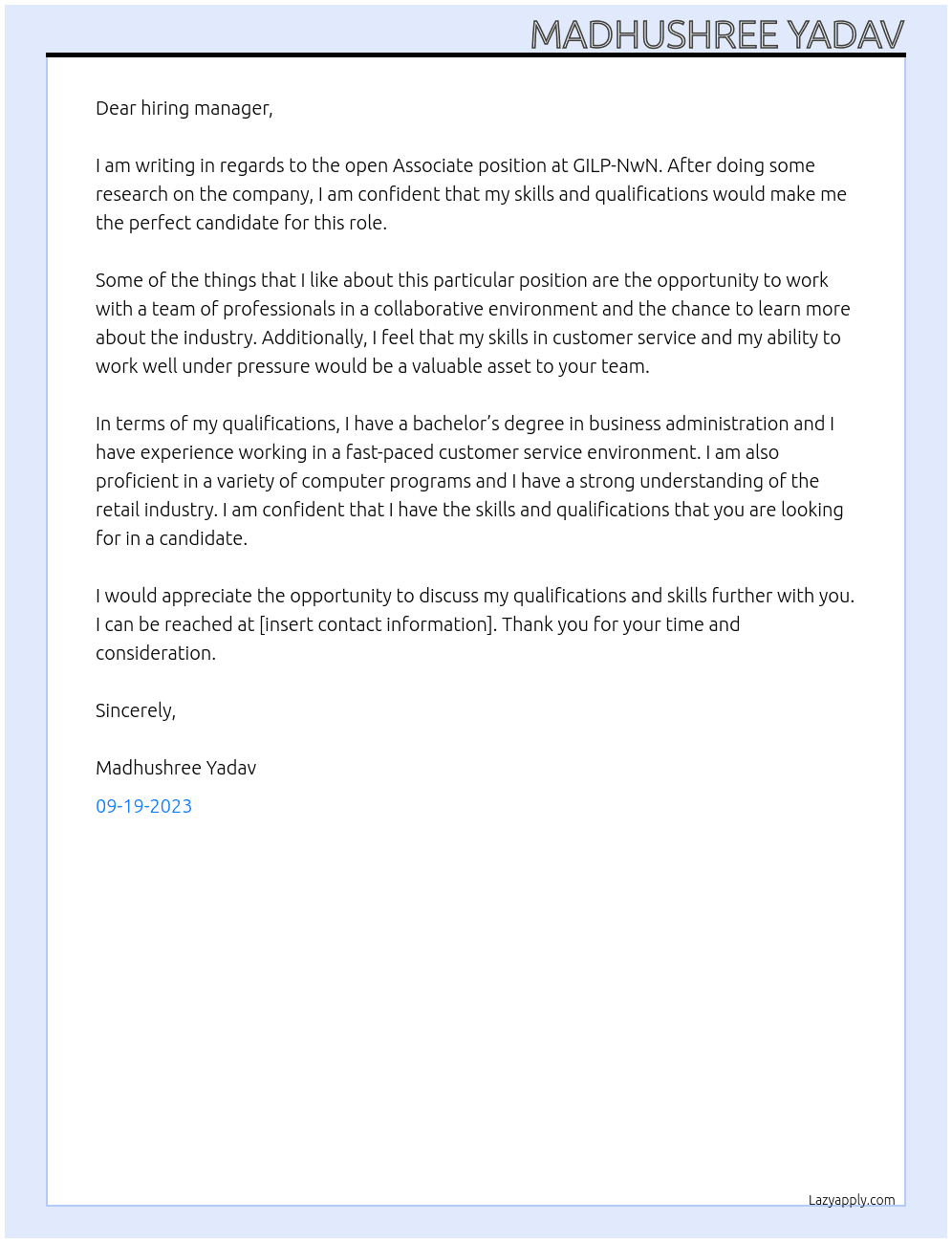 Associate At GILP-NwN Cover Letter