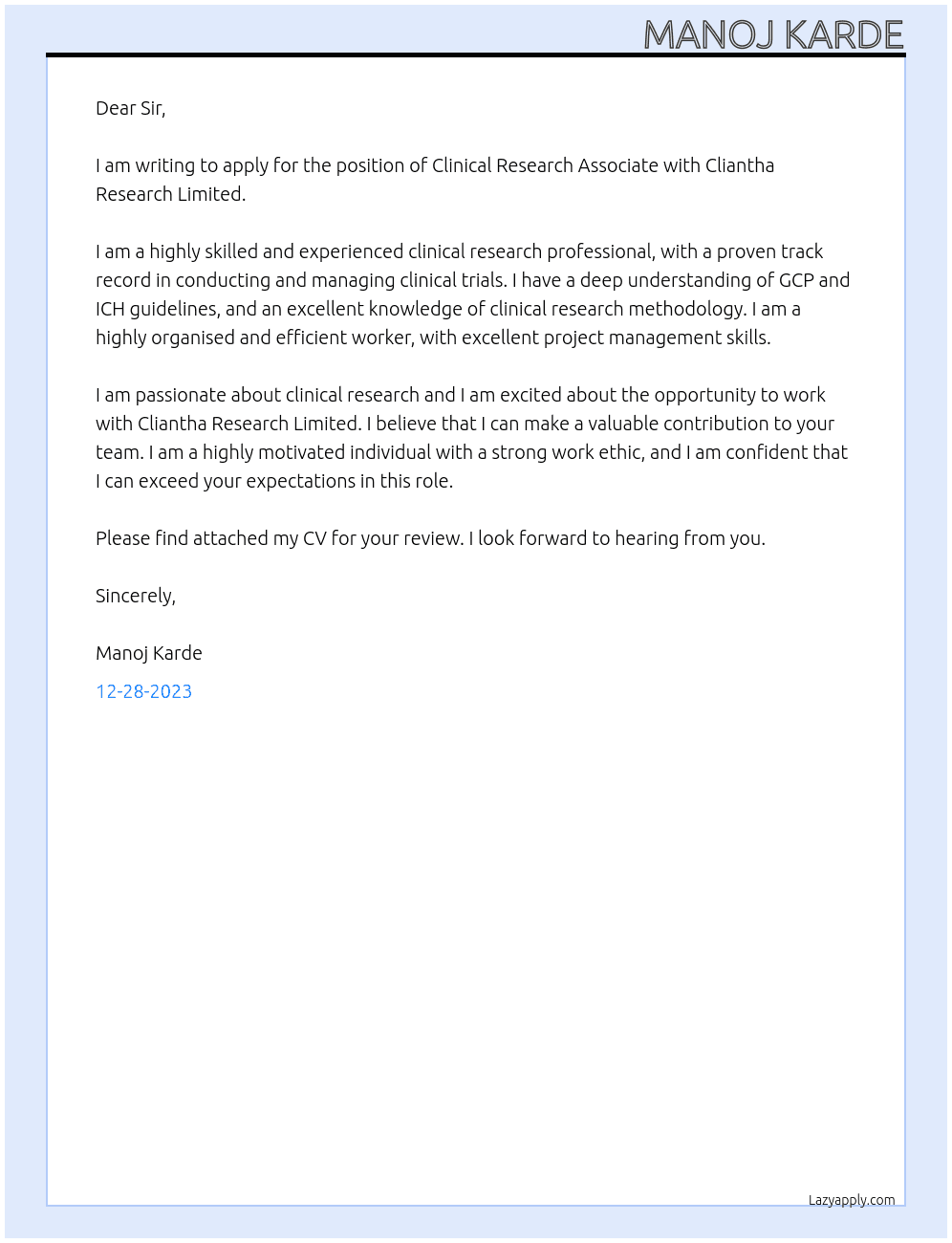 Clinical Research Associate At Cliantha Research Limited Cover Letter