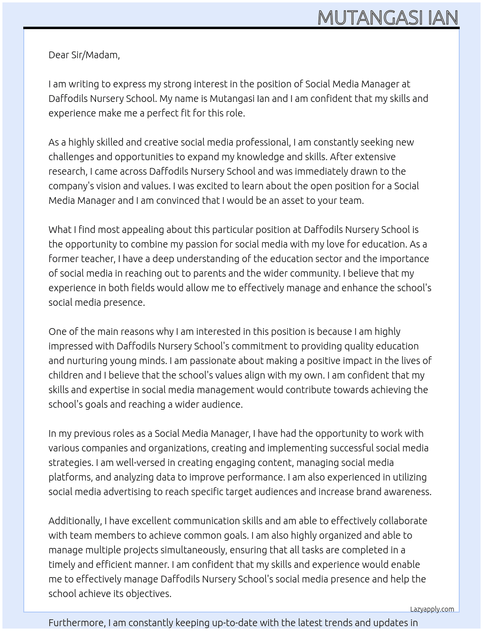 Social media manager  At Daffodils nursery school  Cover Letter